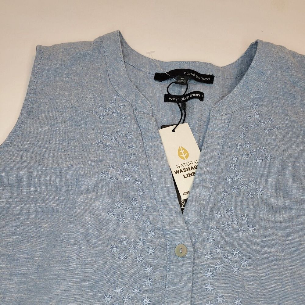 Harve Benard Linen Blend Top Womens Medium Blue NEW Embroidered Sleeveless VNeck